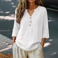 thumbnail image 2 of Womens Casual V Neck Blouse 3/4 Sleeves Summer Tops Loose Fit Linen Shirts Beach Vacation Clothes by Gbobgt White L, 2 of 6