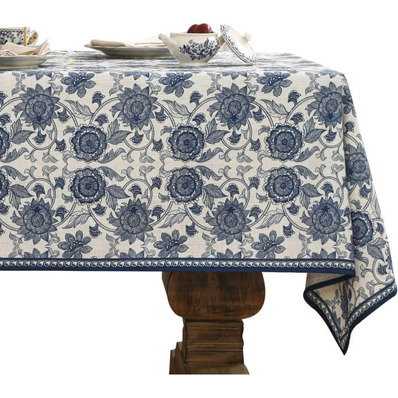 Designer Blue Tablecloth for Rectangle Tables,Vintage Linen with Leaves and Flowers Pattern Tablecloths,Farmhouse Floral Table Cover Cloth Decor for Kitchen Dining Christmas,55"*71"