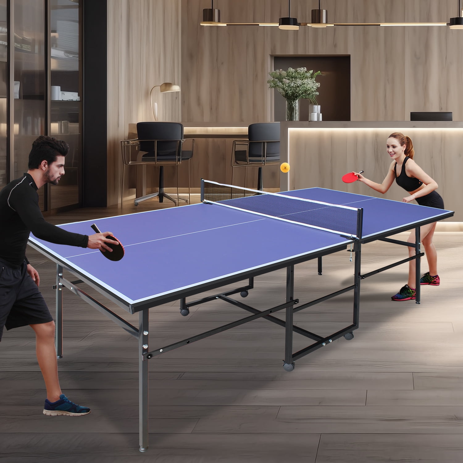 KL KLB Sport 8.5*4. 3ft Foldable Ping Pong Table with Wheels, Table Tennis Table with Net, Paddles & Balls for Indoor, Blue