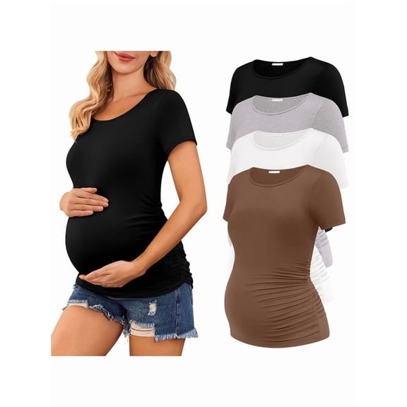 Weardear 4 Packs Maternity Tops Side Ruched Short Sleeve Pregnancy Tunic T Shirts Crew Neck Casual Maternity Clothes