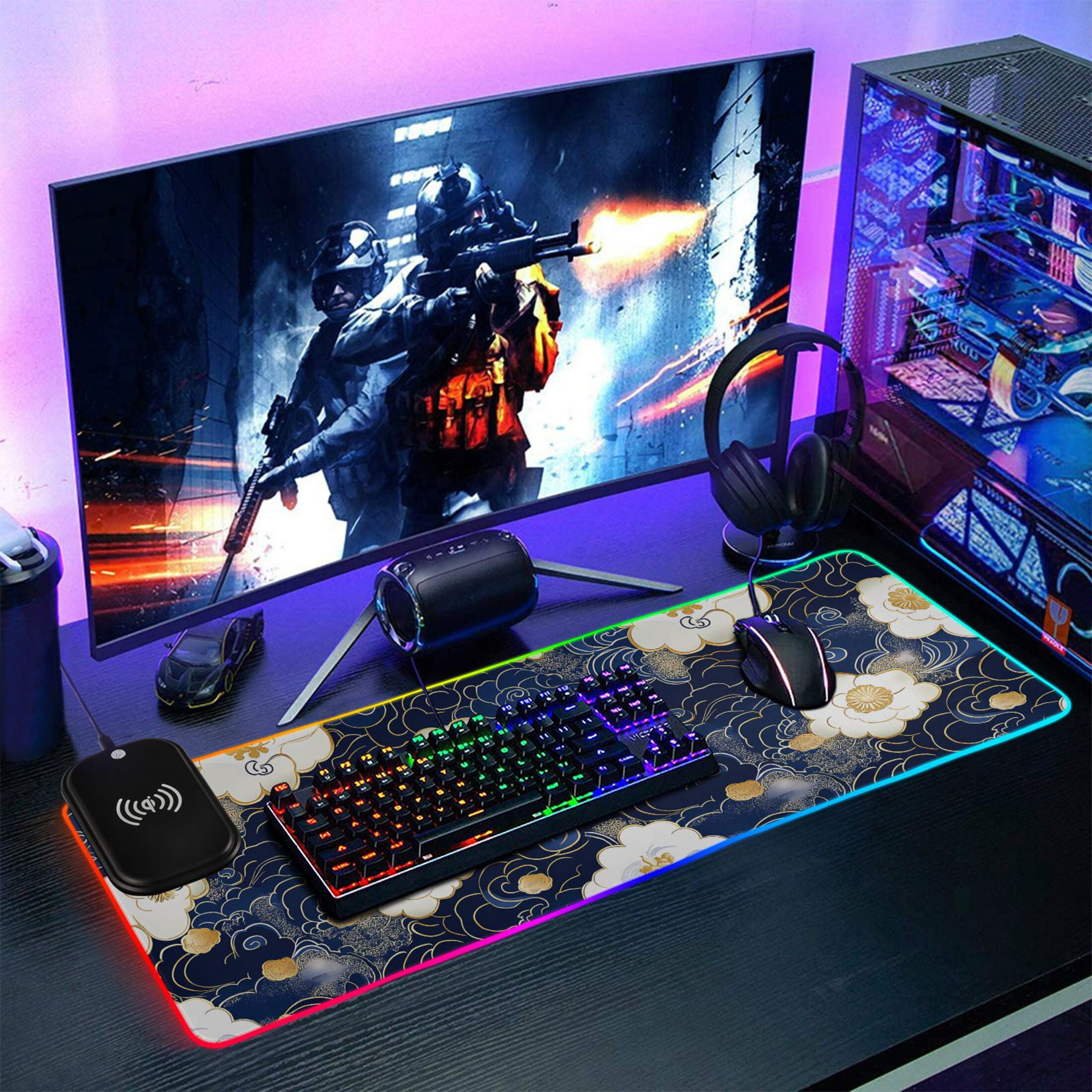 RGB Gaming Mouse Pad 15W Wireless Charging Large Waterproof Desk Mat 13 Light Modes Mousepad 31.5x11.8 Blue Cloud White Flower