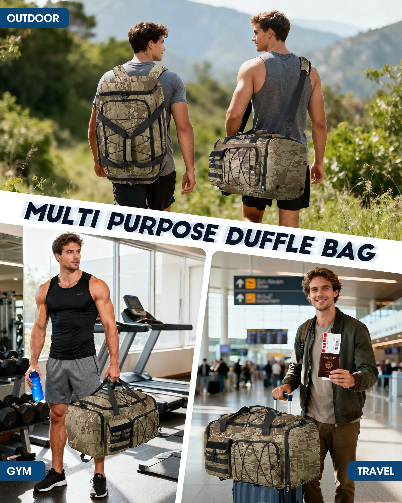 Gym Bag for Men 45L Sports Duffel Bags 3-in-1 Travel Duffel Bag with Shoe Compartment,Gym Workout Backpack Weekender Bag Overnight Bag for Travel, Khaki