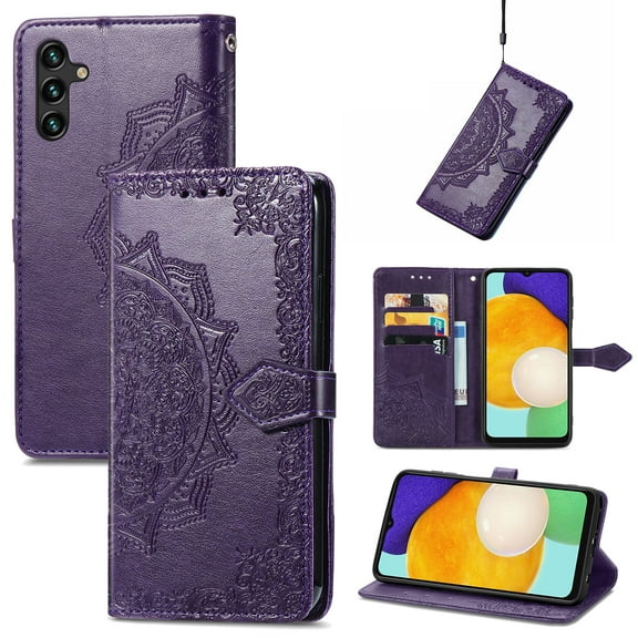 Embossed PU Leather Wallet Phone Case for Samsung Galaxy S25,Full Protection Magnetic Clasp Flip Stand Card Slots Shockproof Protective Cover with Hand Strap For Samsung Galaxy S25,Purple