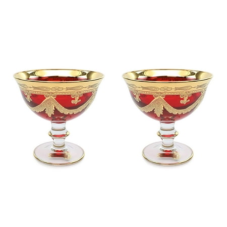Compote Candy Dish - Interglass Italy 2-pc Luxury Red Vintage Glass Compote Serving Bowl, 24K Gold