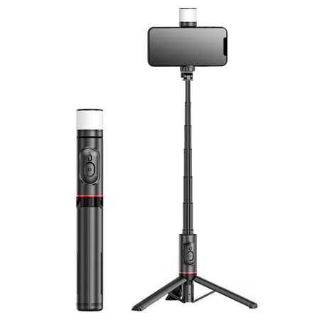 Selfie Stick Tripod with Remote Fill Light All-in-1 Tripod for iPhone and Android Lightweight and Portable for Daily Use Black