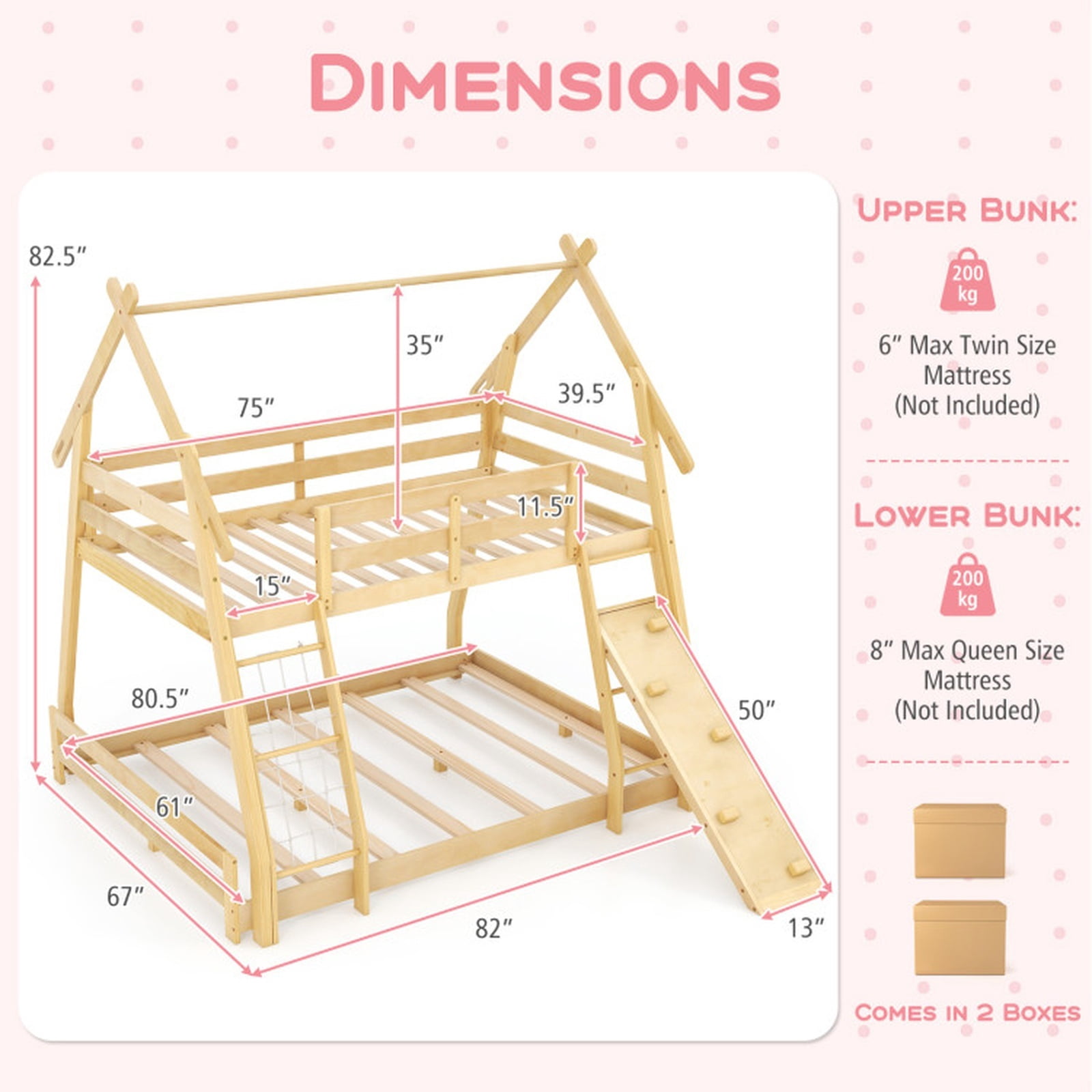 Furnibear Twin Over Queen Bunk Bed Wooden Kids Bed Frame with Climbing Nets Ramp and House Roof for Kids Bedroom, Natural