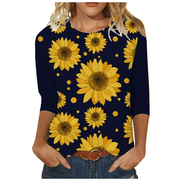 USSUMA Cute Graphic Loose Summer Tops for Women 2022 Trendy Sunflower Print Womens Tunic Tops Round Neck Basic Shirts Tees 3/4 Sleeve Dressy Blouses for Women
