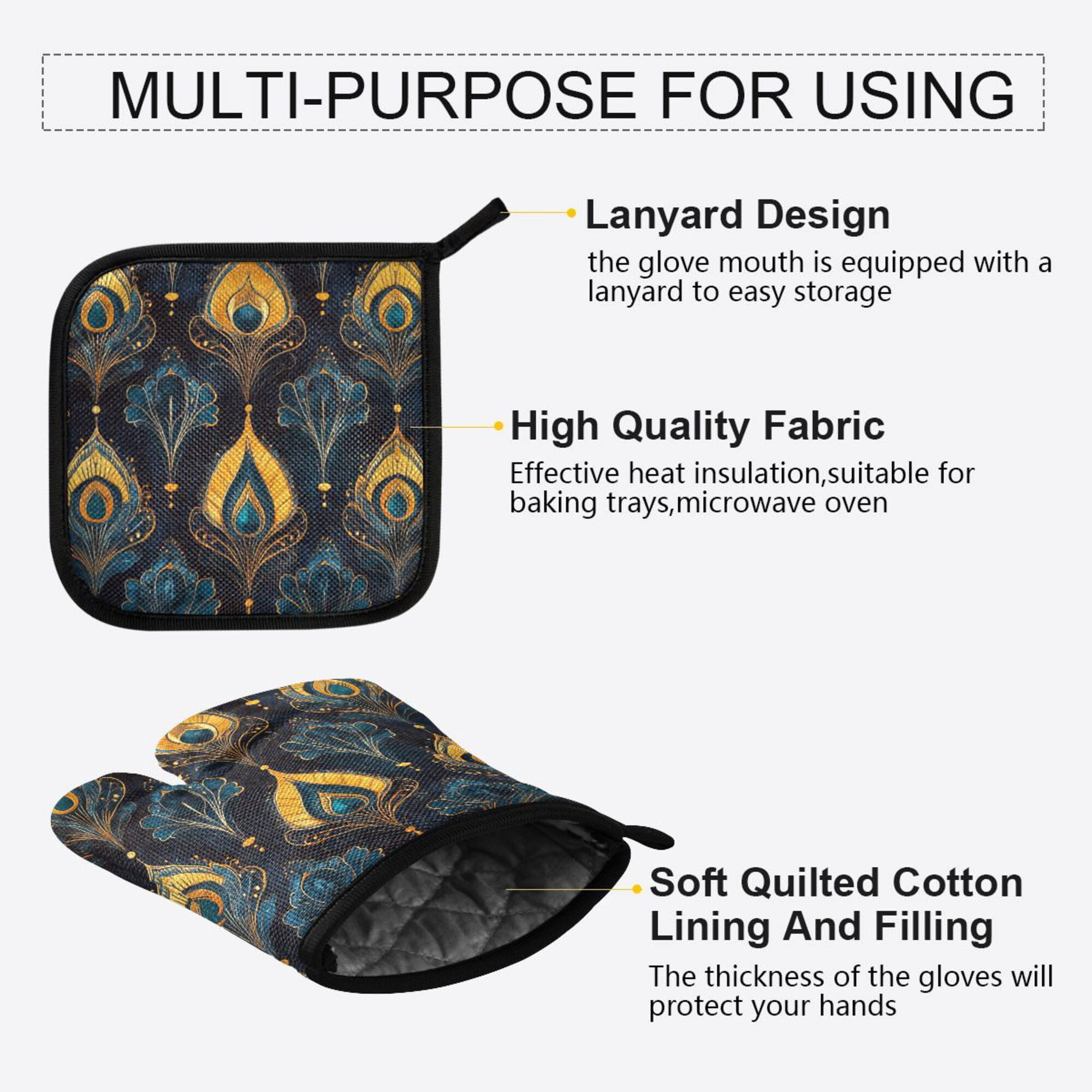Yayeee Oven Mitts and Pot Holder Set of 2 Heat Resistant Kitchen Gloves Baking Hot Pad, Navy Blue Art Pattern