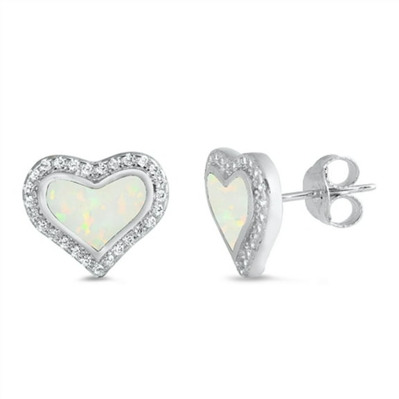 Halo Set White Synthetic Opal Clear CZ Heart Earring Sterling Silver