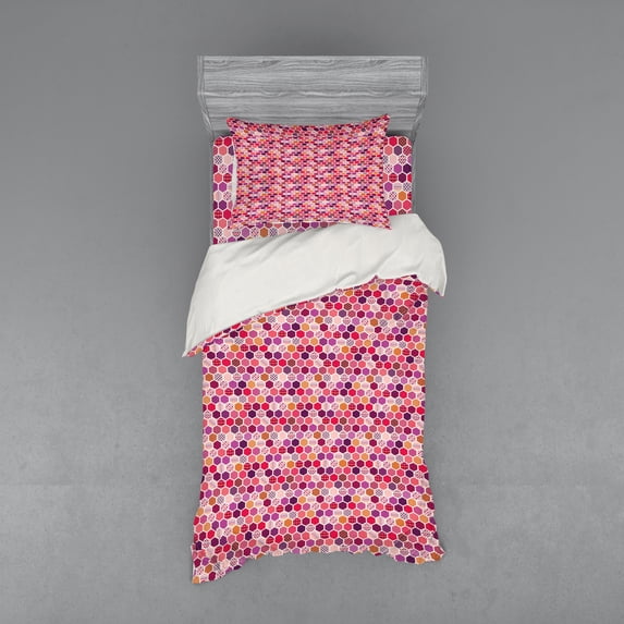 Geometric Duvet Cover Set, Honeycomb Style Hexagons Various Abstract Pattern, Bedding Set with Shams and Fitted Sheet, 3 Sizes, by Ambesonne