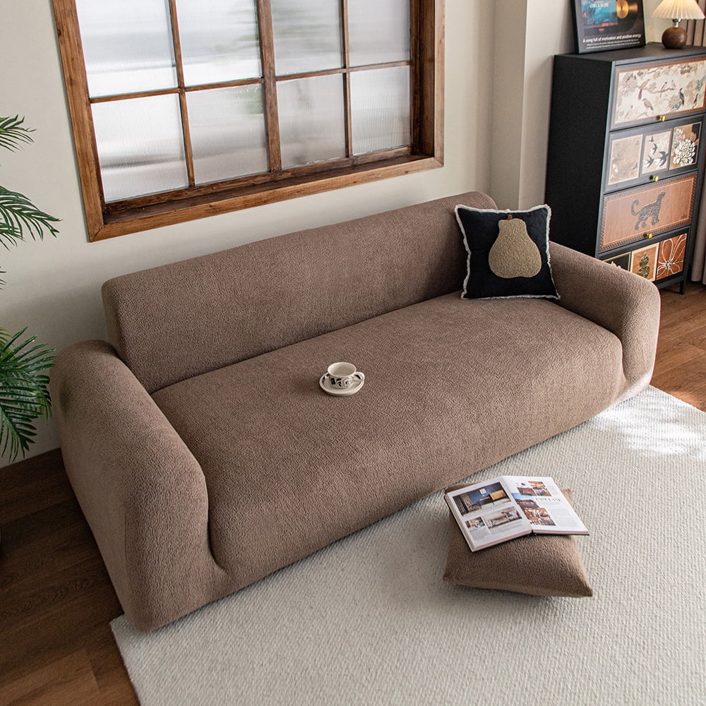 suxuMhao Solid Color Jacquard Sofa Cover Brown Washable Stretch Slipcover Oversized 120-141 Inches 5 Seater Couch Cover Protector Para Sofa All Season Universal Furniture Protector 1 Piece