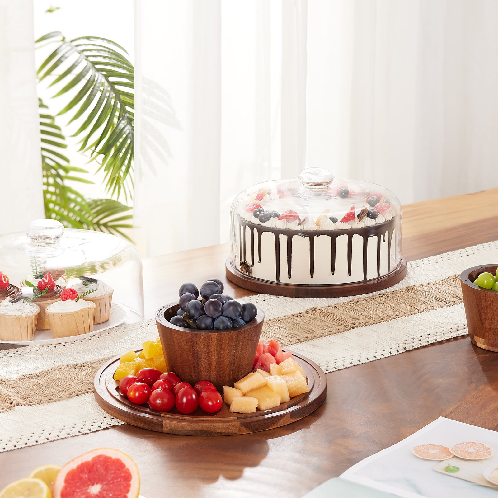Serving Tray Wooden Cake Plate With Dome 2-in-1 Acacia Wood