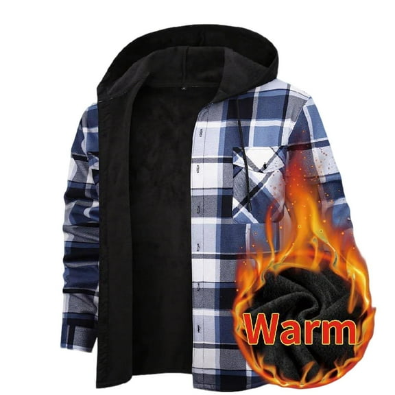 GuangCheng Mens Warm Plaid Hooded Flannel Shirts,Fleece Lined,Winter Jacket,Casual,Outerwear with Pockets,Blue,S