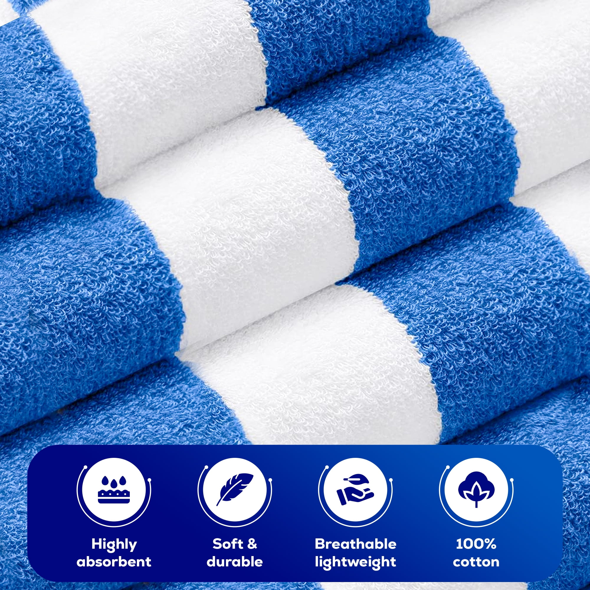 Bliss Casa 100% Cotton Beach Towels (4 Pack, 30 x 60 Inch) - Extra Soft & Highly Absorbent Summer Pool Towel Oversized Cabana Stripe (Blue/ Grey)