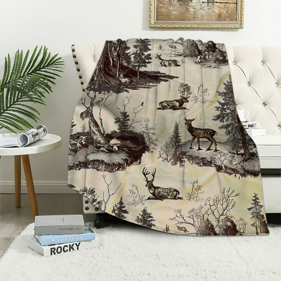 Nawypu Indigo Hill White Pine Sherpa Throw Blanket, Pine Tree Nature Mountain Bear Deer Elk Print, Western Blanket for Camping Outdoor, Cabin Lodge Rustic Sherpa Blanket,