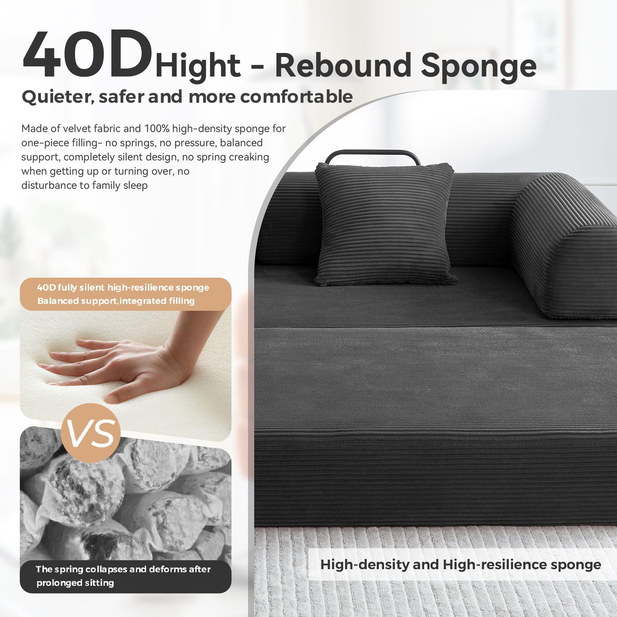 Aukfa 79" Chaise Futon Convertible Sofa Bed Boneless Couch with Fixed Frame, 2 Pillows, King Size, Corduroy, Black