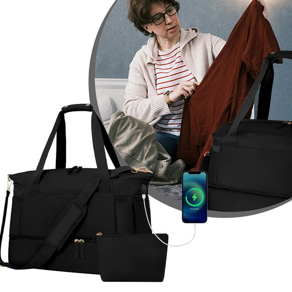 COFEST Travel Duffel Bags for Women Weekenders Overnight Bag Gym Tote Bag with Shoe Compartment and Wet Pocket Weekend Carry On Duffle Bag with USB Charging Black