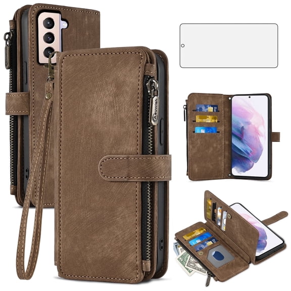 Asuwish Kickstand Hard Shell Wallet Cell Phone Case with Tempered Glass Screen Protector for Samsung Galaxy S21 Plus, Brown