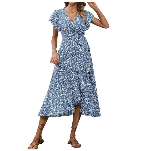XIAOCHA Floral Wrap Dress for Women Fitted Ruffled Flutter Sleeve V Neck Midi Dress Lightweight Sweet Weekend Dresses