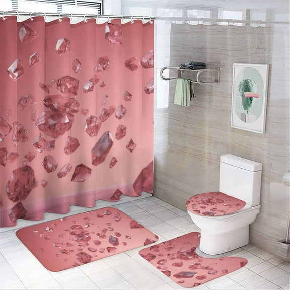 Red Crystal 4 Pcs Bathroom Shower Curtain Set, Bathroom Sets with Rugs (Bath Mat, U Shape and Toilet Lid Cover Mat) and 12 Hooks,
