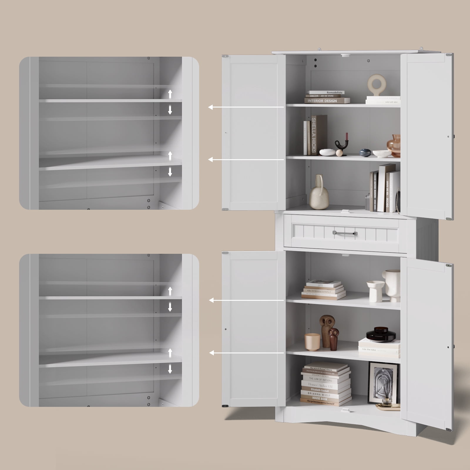 71'' Freestanding Tall Storage Cabinet 4-Door Organizer with 4 Adjustable Shelves & Large Drawer Multipurpose Pantry for Kitchen, Living Room & Bathroom White