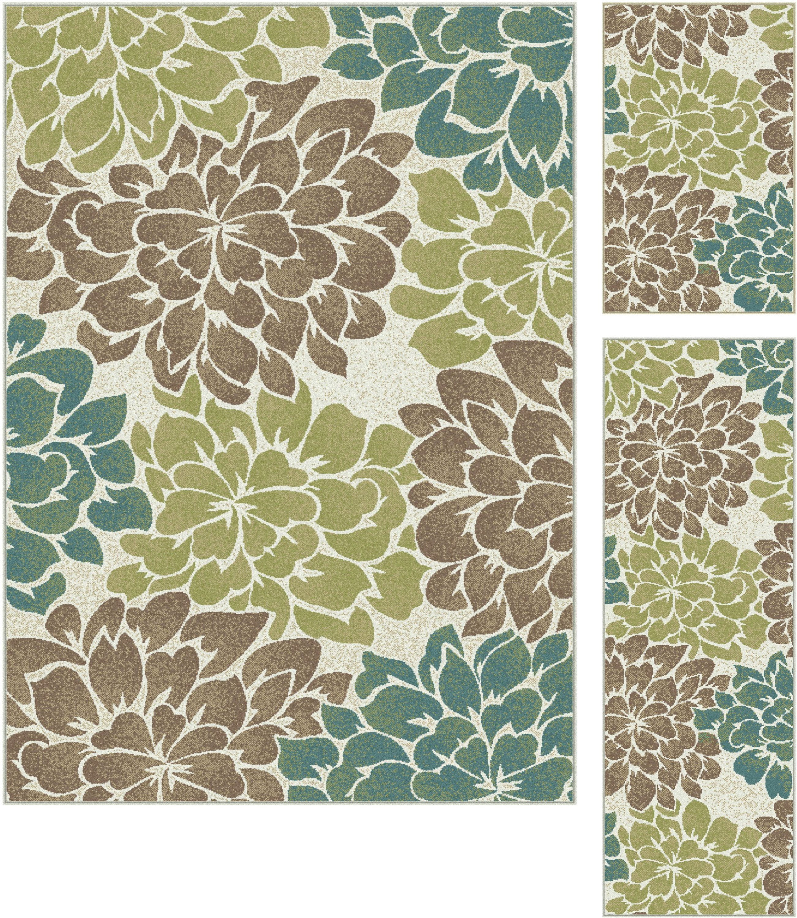 Transitional Area Rug (3-Piece Rug Set: (5' x 7', 20'' x 60'', 20'' x 32'')) Floral Ivory, Seafoam Indoor Set Easy to Clean