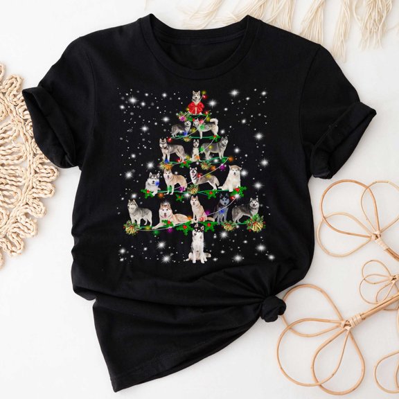 Husky Christmas Tree T-Shirt, Funny Dog Lover Gift, Husky Christmas Lights Shirts, Christmas Shirts for Women Men