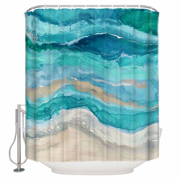 Fabric Shower Curtain Abstract Turquoise Gradient Beach Ocean Wave Oil Painting Shower Curtains with 12 Hooks Waterproof Machine Washable Bath Curtains for Bathroom, 36 x 78in