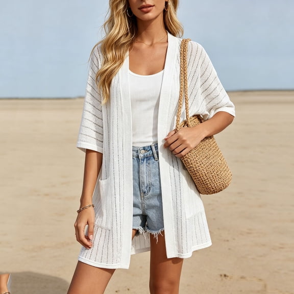 Vmvidoty Cardigans for Women, Casual Lightweight, Elbow Sleeve Open Front Cardigan Sweaters,Female White XL