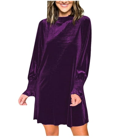 Women s Velvet Cocktail Mini Dresses Fall Winter Mock Neck Long Sleeve A-Line Homecoming Dress Elegant Loose Pleated Party Club Dress