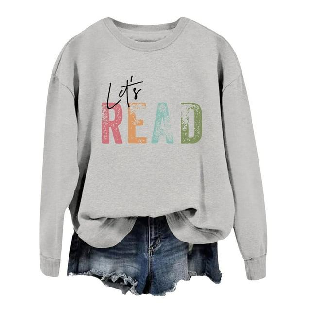 WEAIXIMIUNG Teacher Sweatshirt Custom Reading Book Sweatshirt Women Let's Read Graphic Long Sleeve Shirts Crewneck Teacher Library Bookish Pullover Tops