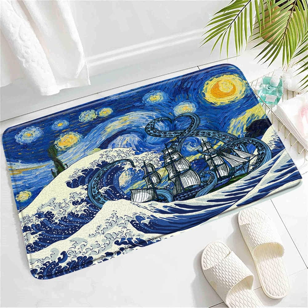 Nautical Octopus Bath Mat,Vintage Octopus Tentacles Sailboat Van Gogh