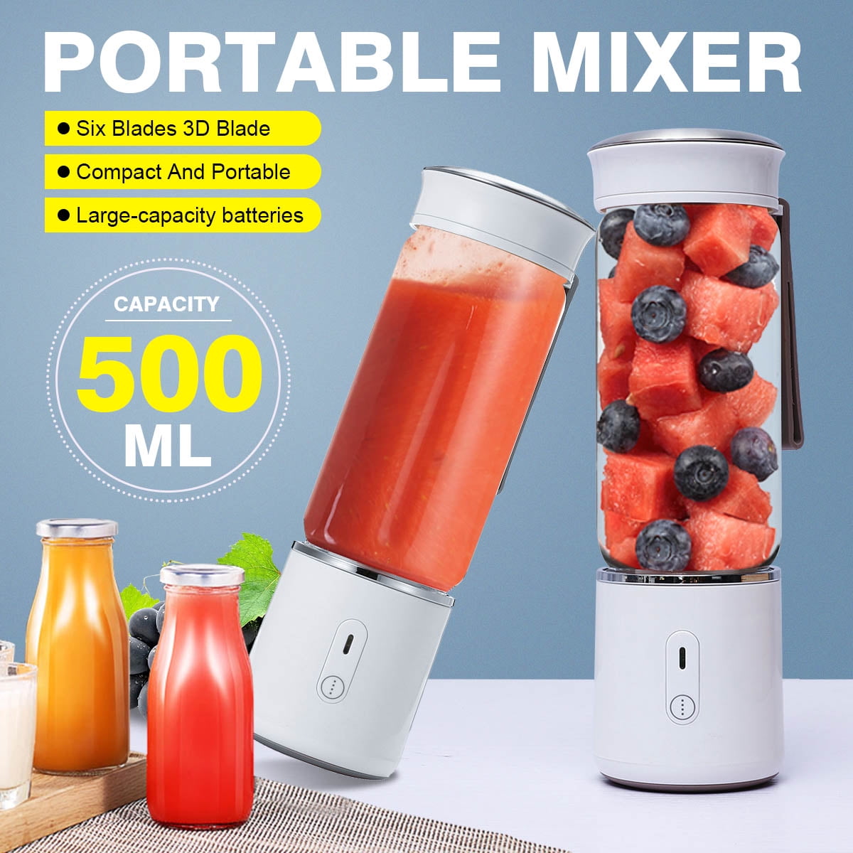 Mini Blender for Smoothie Fruit Juice Six 3D Blades for Gr Milk Shakes 380ml 