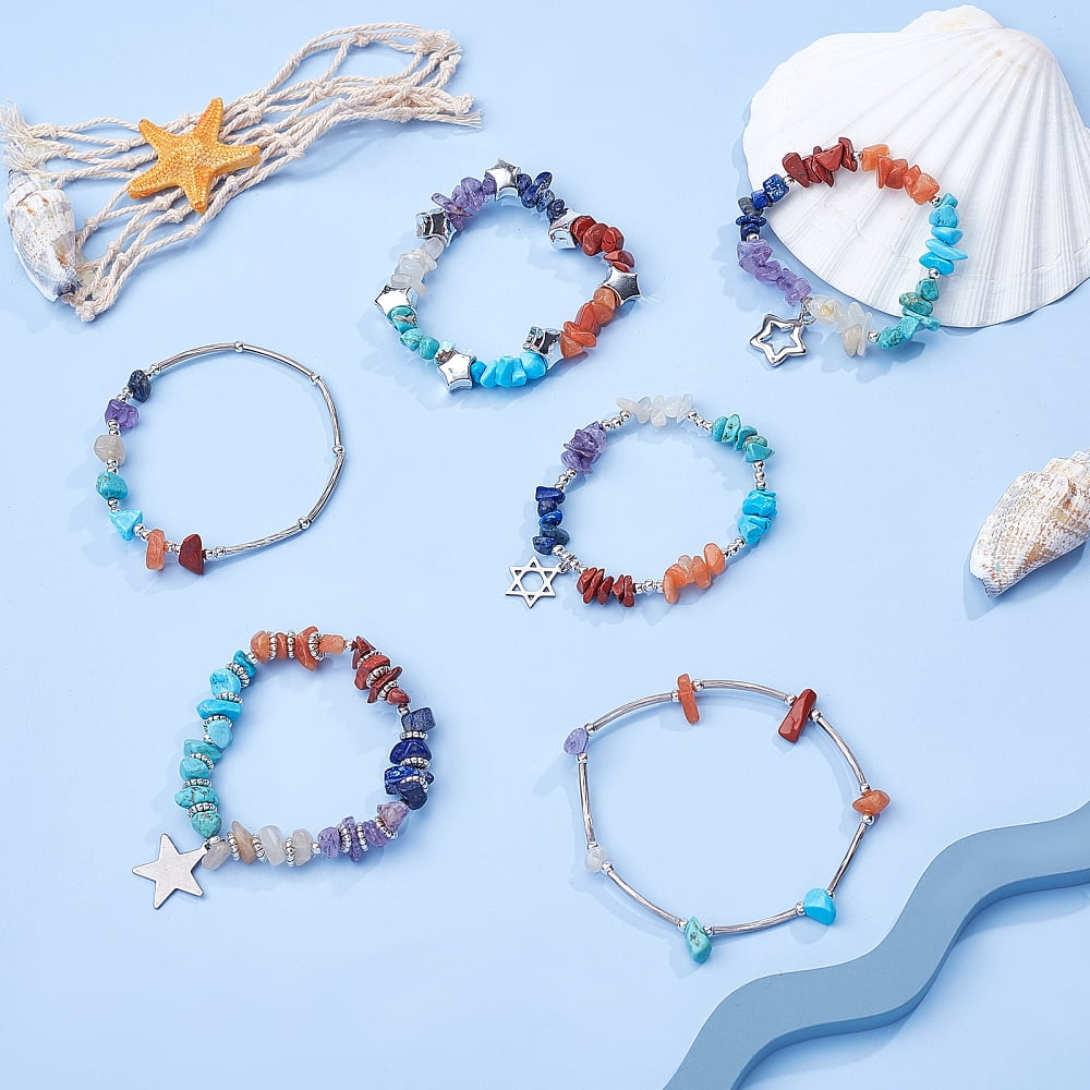 DIY Gemstone Bead Stretch Bracelets Making Kits include Brass Tube Beads & Pendants 304 Stainless Steel Pendants Alloy & Iron Beads