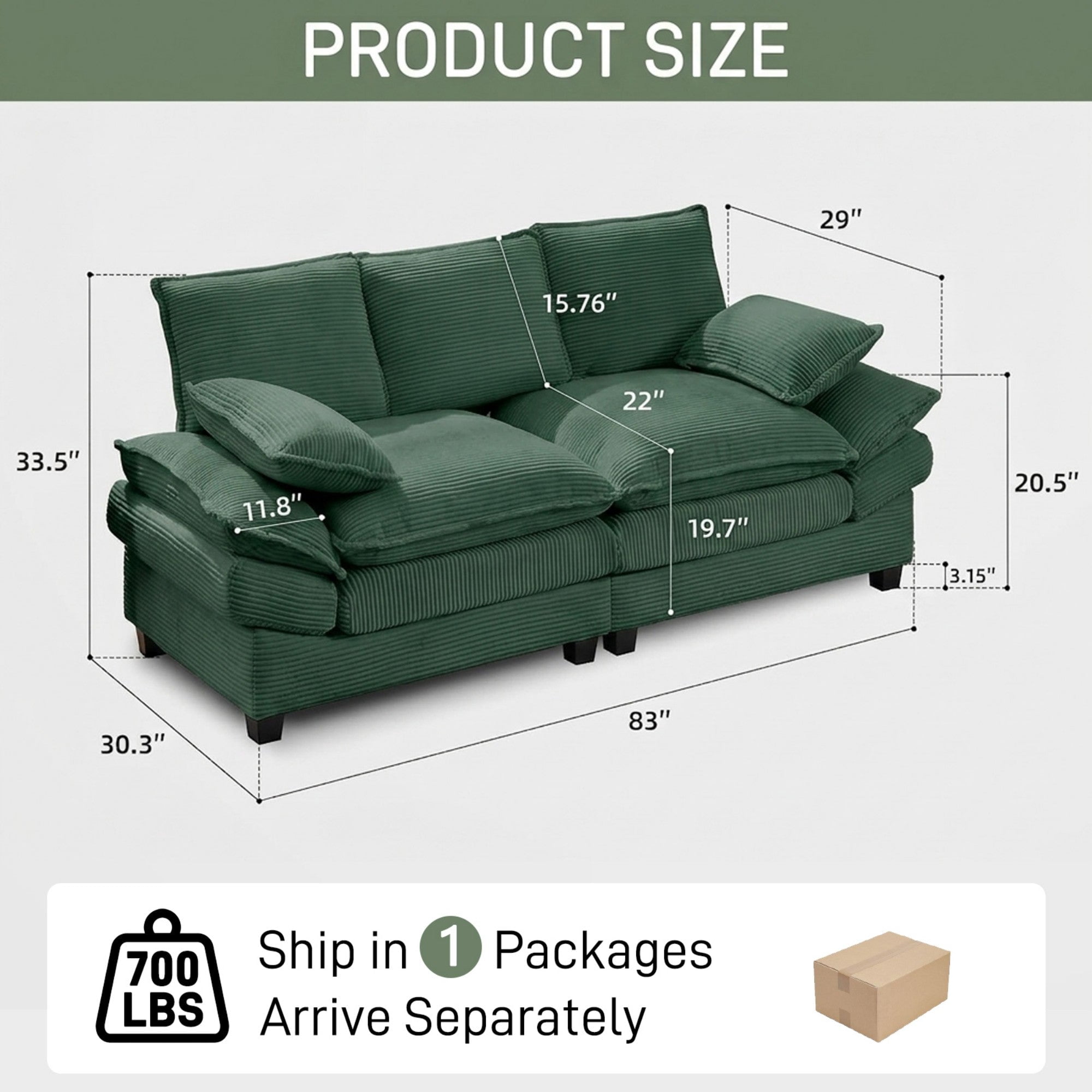 Sailvan 83" Modern Loveseat Sofa,2-Seat Corduroy Couch with High-Elastic Sponge,Comfy Upholstered Sofa for Living Room & Apartment,Green