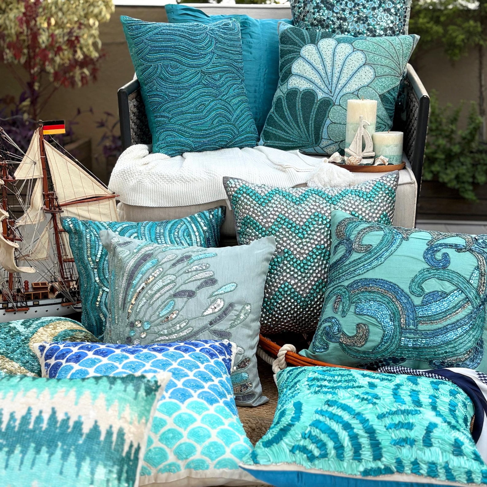 Custom Cushion Cover, Aqua Blue Decorative Pillow Cover&nbsp;For Sofa 16x16 inch (40x40 cm), Silk Pillowcase&nbsp;With Zipper, Abstract, Waves, Sequins Embellished, Mediterranean Throw - Tides