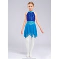thumbnail image 2 of Manyakai Girls Ice Dance Costume Sleeveless Keyhole Back Rhinestones Metallic Mesh Bodice with Asymmetric Chiffon Skirt Blue 10, 2 of 8