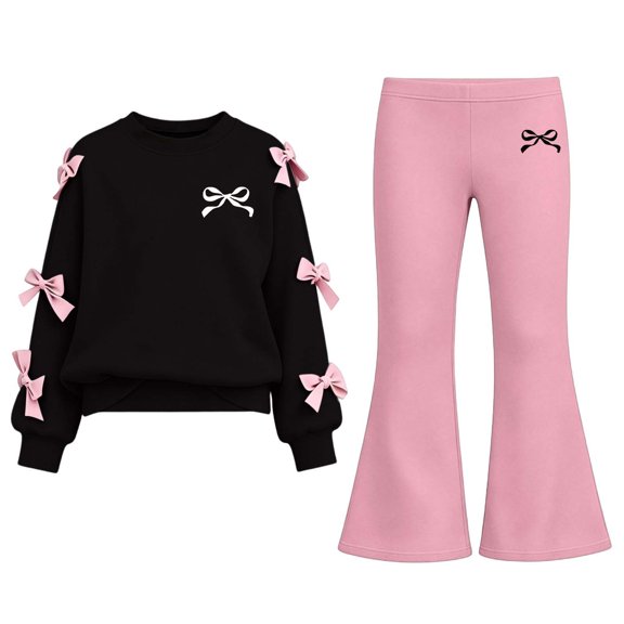 Lmnyox Cute Outfits for Girls 2 Pieces Bow Knot Pullover and Bell Bottom Pants Casual Clothing Sets
