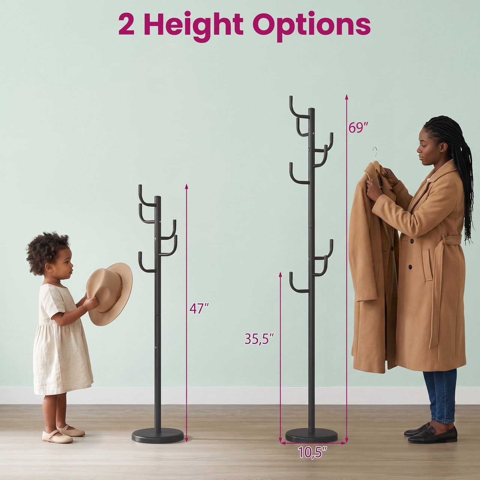 Furnibear Freestanding Coat and Hat Rack Stand with 8 Sturdy Hooks and Weighted Round Metal Base for Entryway and Bedroom, Black