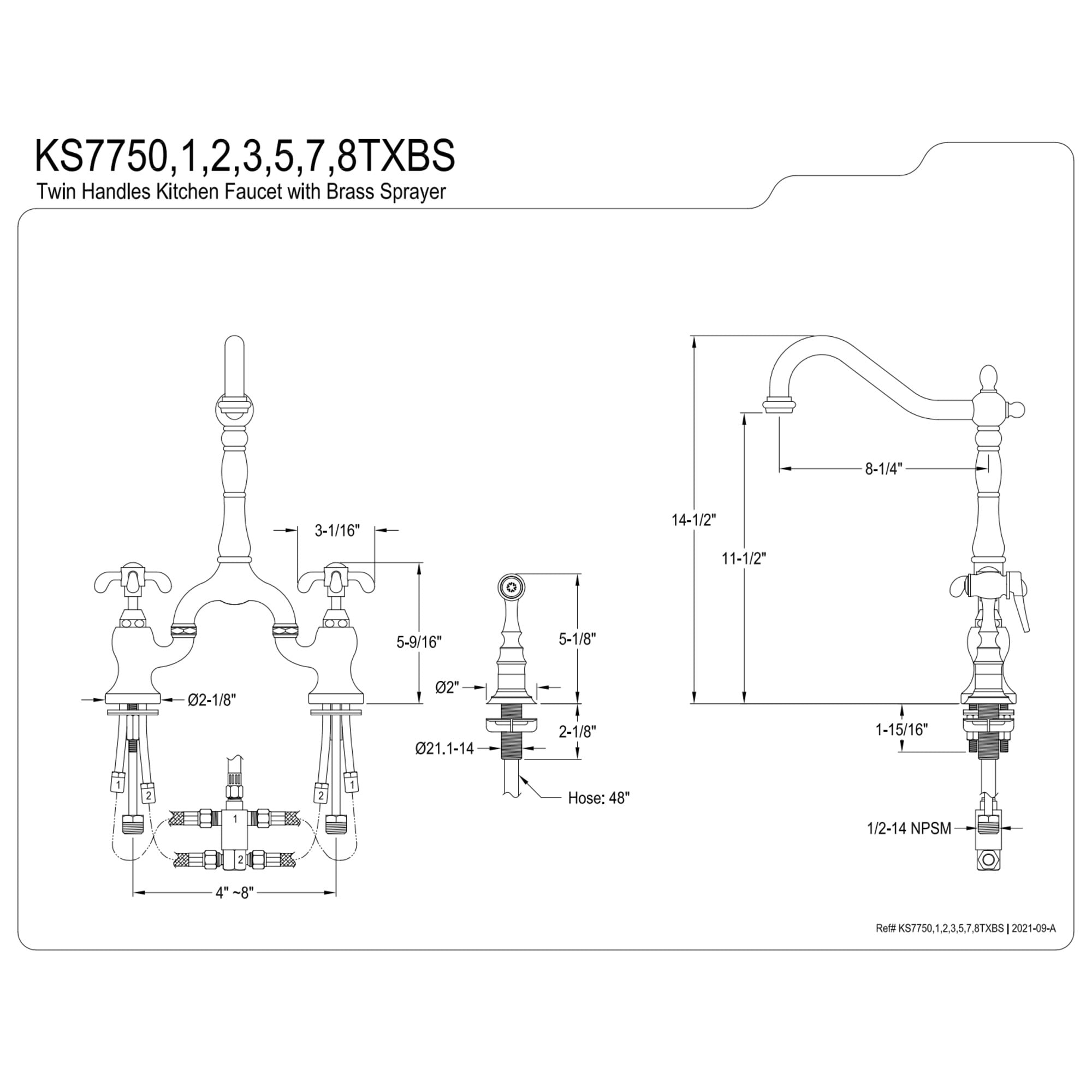 Kingston Brass KS7753TXBS French Country Two-Handle 3-Hole Deck Mount Bridge Kitchen Faucet with Brass Side Sprayer in Antique Brass