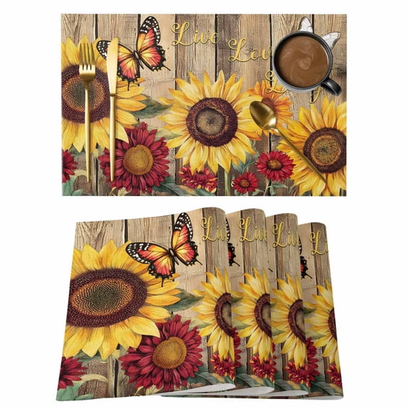 Sunflower Brown Wooden Placemats Set of 4 Vintage Flowers Butterfly Place Mats Indoor Wipeable Table Mats Washable Cloth Dining Table Placemats for Kitchen Holiday Party Home Decor 13x19 Inch
