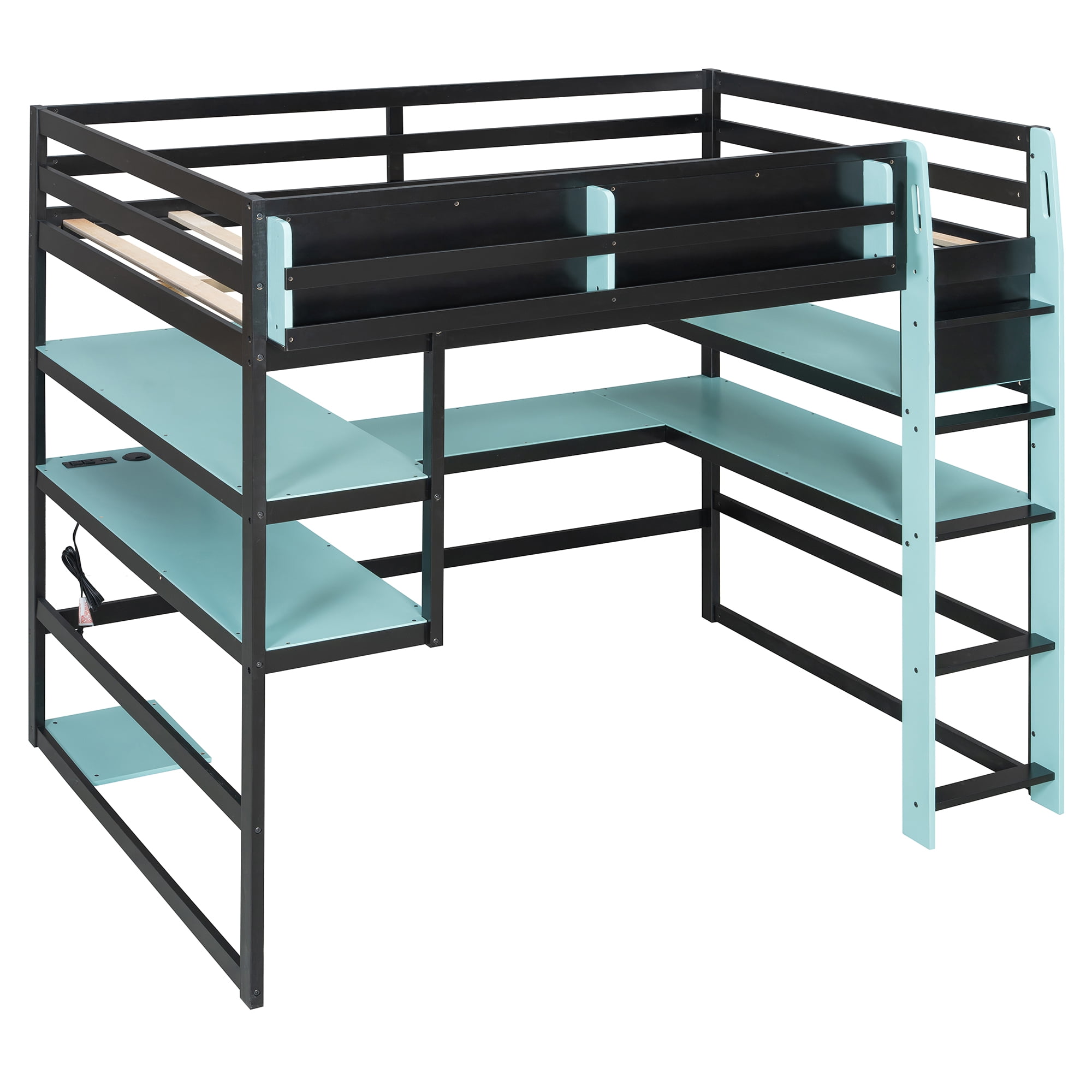 Mintazer Full Size Gaming Loft Bed with U-Shaped Desk & LED Lights, Modern Bed Frame with Shelves & Charging Station for Dorm Bedroom Apartment, Black & Blue