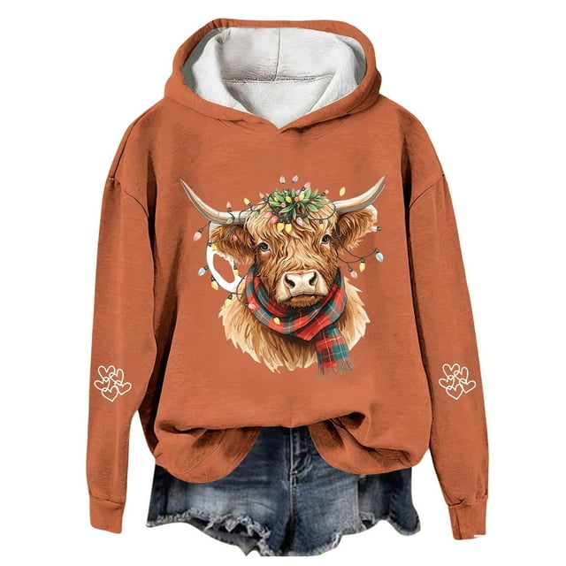 Chandail à Capuche Imprimé Vache Western Festif pour Femmes Thème Vacances Graphique