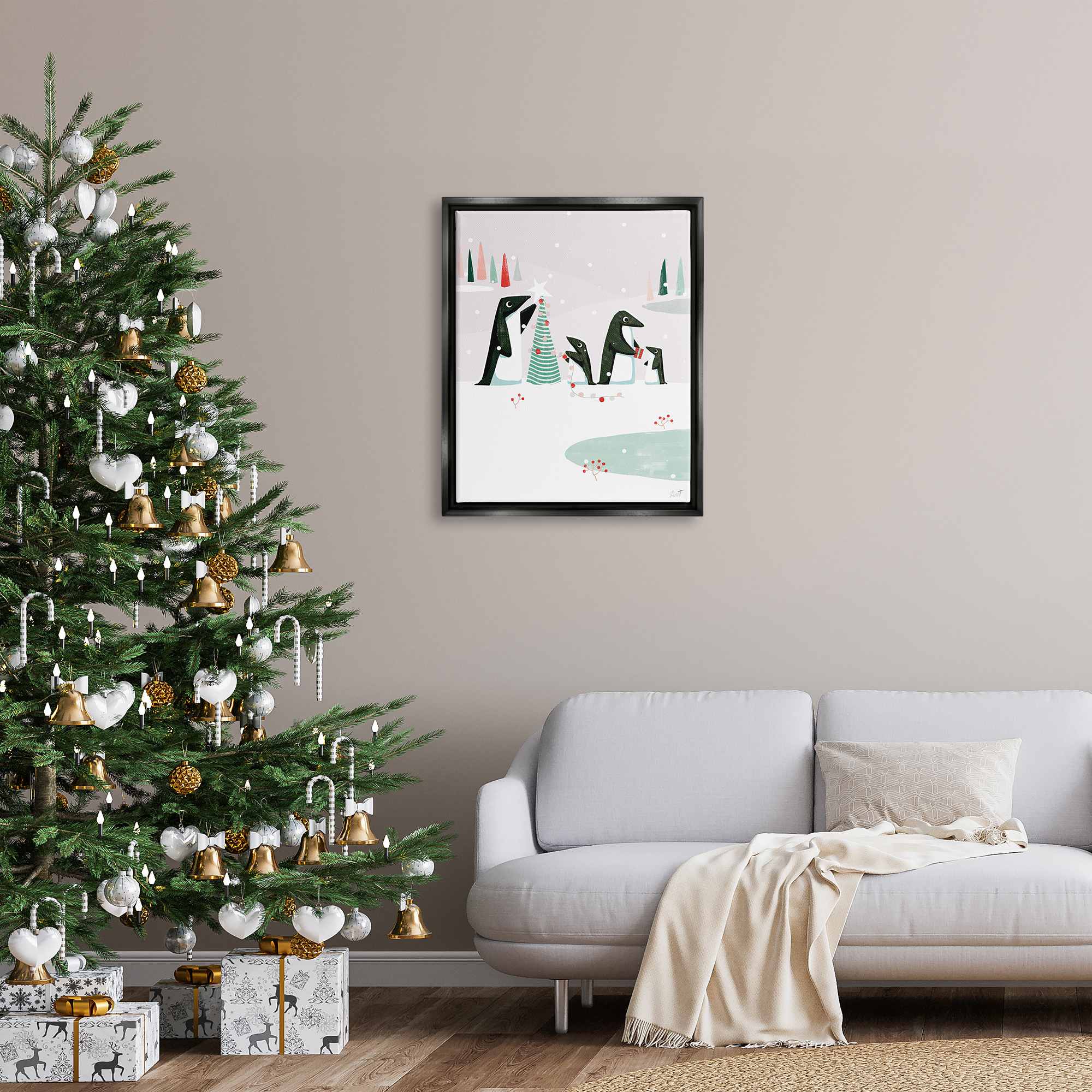 Stupell Industries Penguins Decorating Christmas Tree Holiday Painting Black Floater Framed Art Print Wall Art
