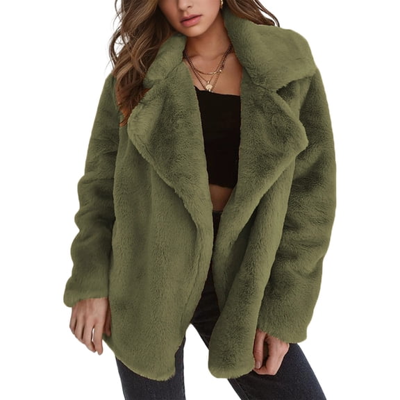 Women Winter Coats Lapel Faux Fur Jackets Open Front Mid-Long Cardigan Coat Casual Warm Outwear Jackets Green S