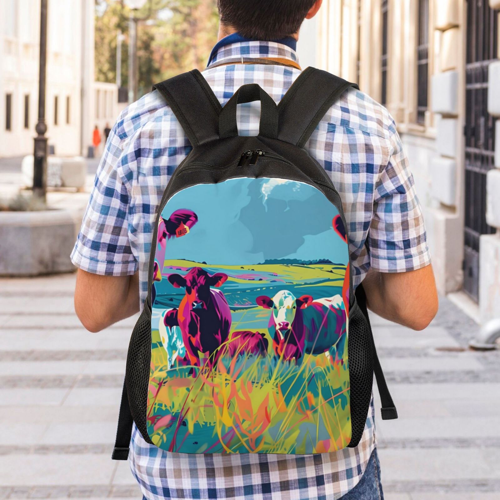 Xecao Pop Art Colorful Cows Print School Backpack with Laptop Compartment Small Travel Laptop Backpack for Women Men Waterproof College Backpack Simple School Bag