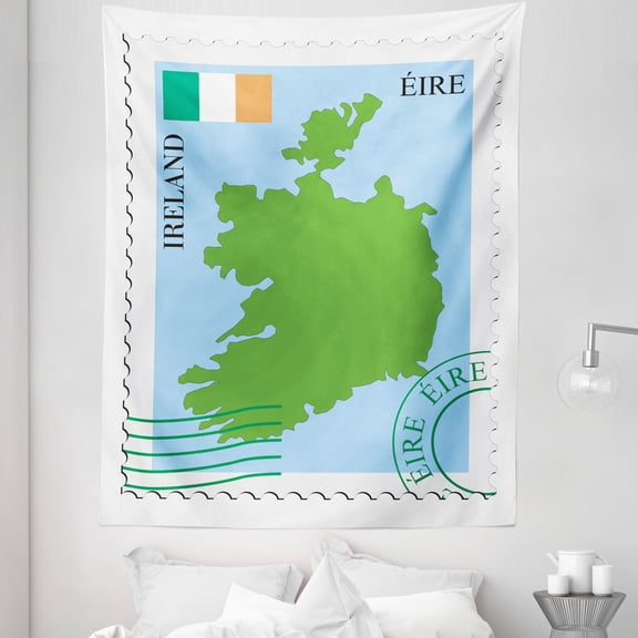 Ireland Map Tapestry, Mail Sending Post Office Elements Eire Classic Communication Ways, Fabric Wall Hanging Decor for Bedroom Living Room Dorm, 5 Sizes, White and Multicolor, by Ambesonne