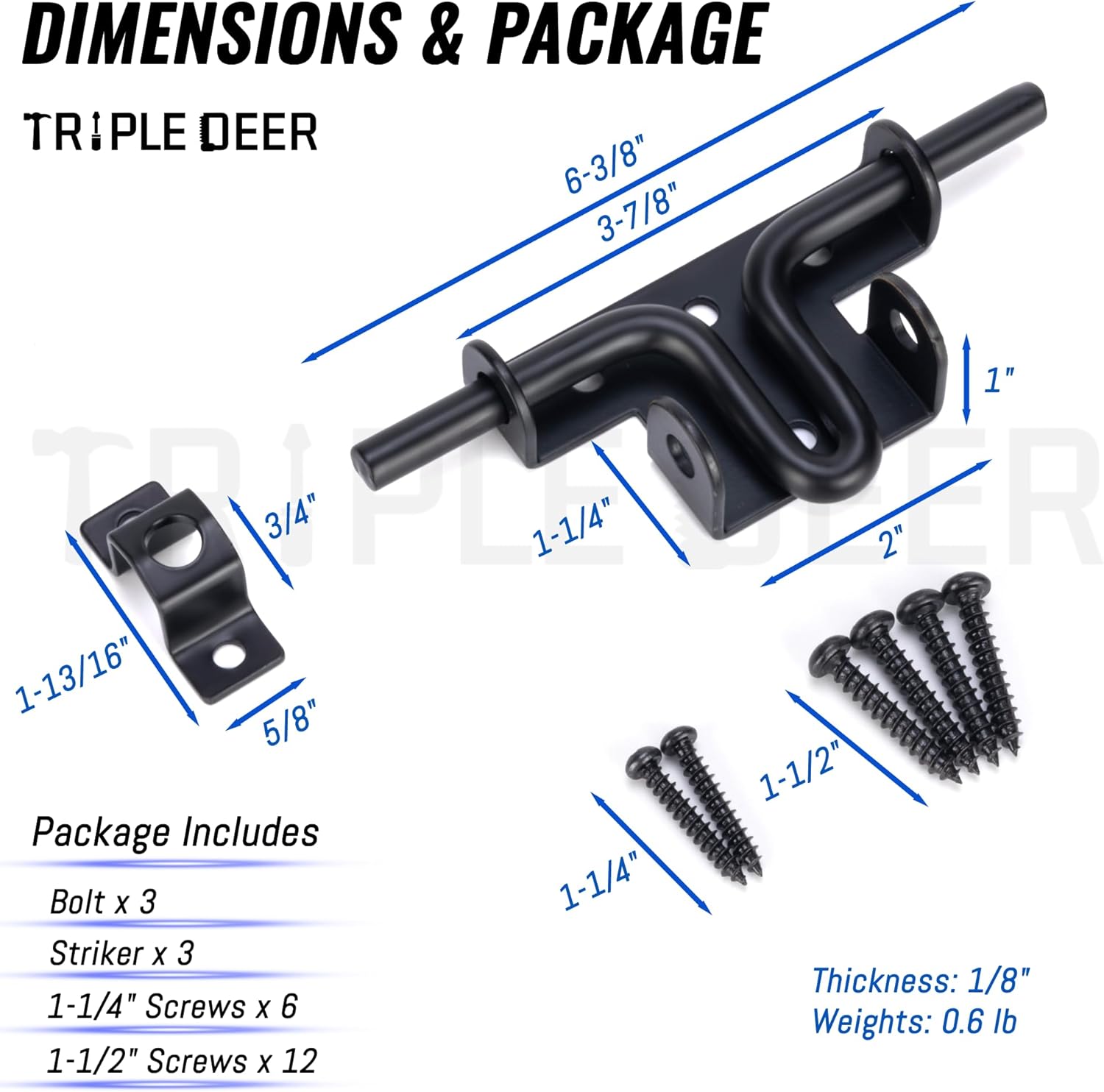 Heavy Duty Slide Bolt Gate Latch, Sliding Bolt Door Lock with Padlock Hole, Slide Bolt Hardware for Wooden Fence/Yard Fence/Shed Door/Barn Door, Black, 3 Pack