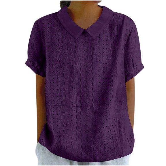 Zpanxa Plus Size Linen Mix Shirt for Women, Short Sleeve Lapel Collar Blouse, Loose Fit Solid Color