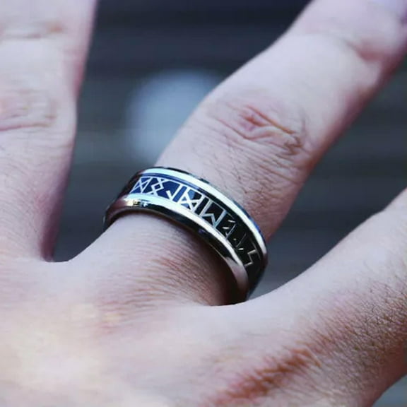 K-KED Men's Titanium Wedding Band Ring Vintage Viking Rune Ring Black Silver Size 6-13-10